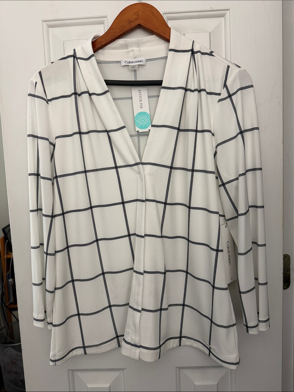 Calvin Klein White Windowpane V-Neck Tunic Top